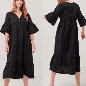 Pact Small Black Midi Dress The Coastal Tiered Gauzy 100% Organic Cotton Button